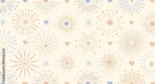Playful beige background with pastel hearts and stars soft abstract sunburst shapes and gentle illustrations for whimsical design