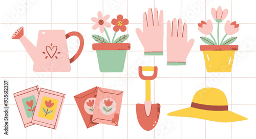 Gardening tools and accessories set with flowers gloves hat and packets on white background perfect for spring activities