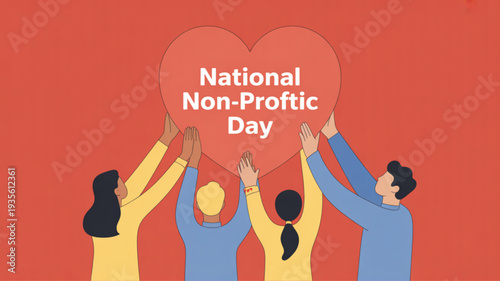 Diverse people holding a heart for national non profit day symbolizing charity and community support