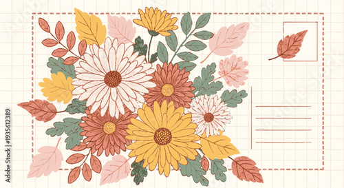 Vibrant floral postcard template with autumn leaves and blank space for personalized messages or greetings