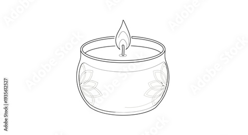 Lit candle in decorative floral holder line art