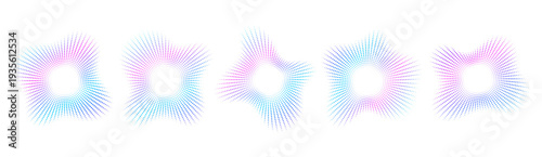 abstract sound equalizer set with lines and dots, gradient neon halftone circular sound wave frames, dynamic radial music icons isolated on white. Vector illustration