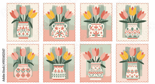 Collection of eight decorative tulip illustrations in vases with pastel colors and floral patterns on a white background