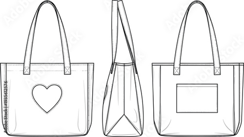 White canvas tote bag technical fashion sketch with heart detail, shopping handbag cad drawing flat vector illustration, accessory clothing template