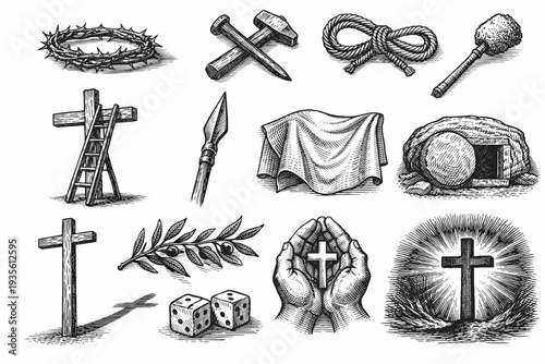 Passion of Christ Vintage Engraving Icon Set with Crown of Thorns, Cross, Spear, Nails and Crucifixion Symbols