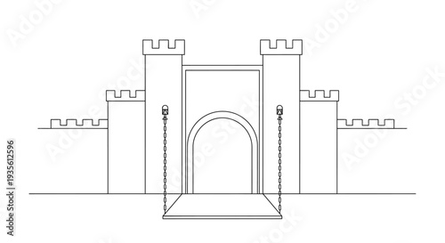 Medieval castle fortress with drawbridge and battlements line art