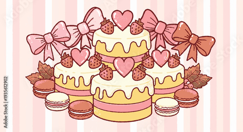 Three tiered cake with strawberries and hearts surrounded by macarons and ribbons on striped background sweet dessert illustration