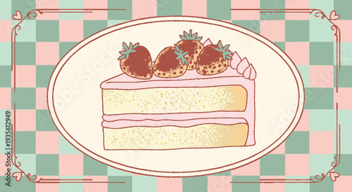 Delicious layered cake with strawberries on a decorative plate soft pink and green checkered background elegant illustration perfect