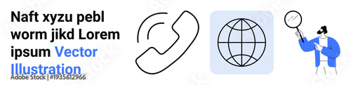 Communication, globalization, research, technology, telecommunication, internet connectivity. Phone symbol, globe and person examining with magnifier. Communication and globalization ideas