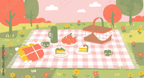 Picnic blanket with food basket and thermos in a serene park setting with vibrant flowers and trees