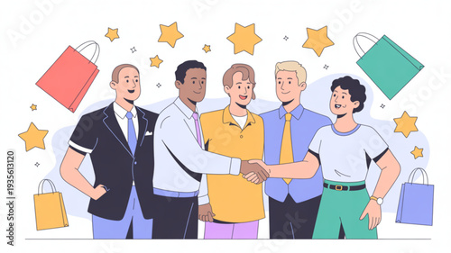 Diverse group of businessmen shaking hands with shopping bags and stars symbolizing successful partnership and customer satisfaction in retail