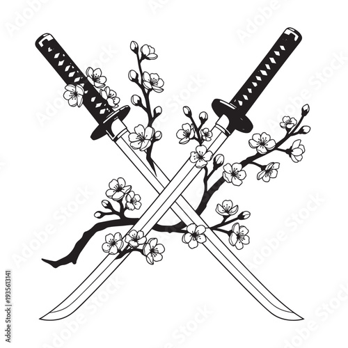 Crossed Katana Swords Amid Cherry Blossoms and Floral Motif in Traditional Design.