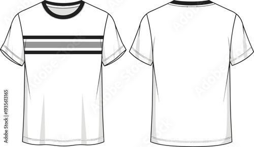 White crew neck tshirt technical fashion sketch with chest stripes, short sleeve tee cad drawing flat vector illustration, clothing template
