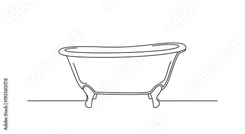 Minimalist continuous line drawing of vintage clawfoot bathtub