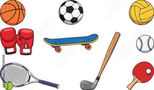 Collection of sports equipment icons, basketball, soccer ball, tennis racket, skateboard, boxing gloves, golf club, and baseball set on white background
