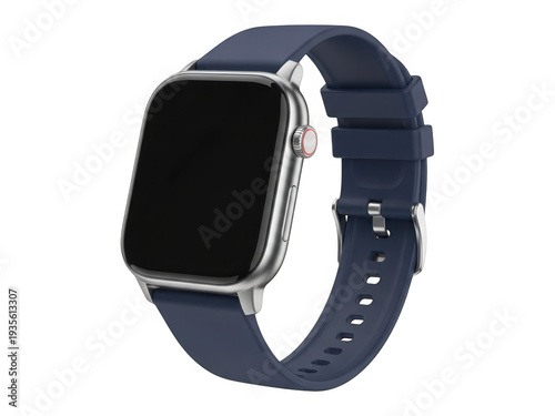 Smartwatch with navy blue strap isolated on transparent background