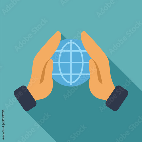 Hands protecting a blue world globe, symbolizing global care and environmental sustainability