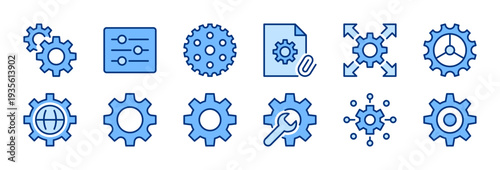 Settings icons set. Gear wheel, cogwheel sign. Setting, configuration, option, setup symbol. Blue solid icon collection. Flat vector design. Editable stroke. For apps, website, business, infographic.