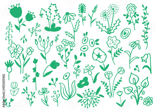 Flower brush hand drawn vector set. Hand drawn doodle flower, floral leaf elements in brush stroke ink style. Simple abstract botanical silhouette set for nature black paint art. Vector illustration