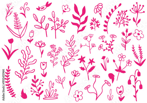 Flower brush hand drawn vector set. Hand drawn doodle flower, floral leaf elements in brush stroke ink style. Simple abstract botanical silhouette set for nature black paint art. Vector illustration