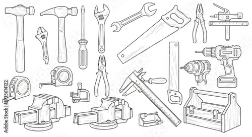 Collection of various hand tools and power tools illustration.