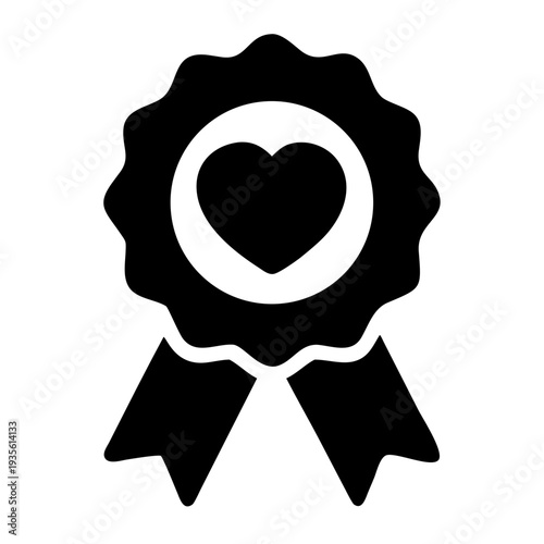 Black and white ribbon badge with a heart symbol in the center