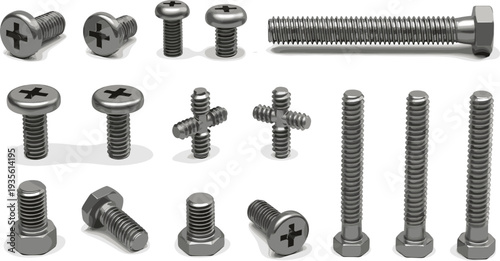 Metal Screws Bolts and Fasteners Collection with Phillips and Hex Head Industrial Hardware Set Realistic Vector Illustration.
