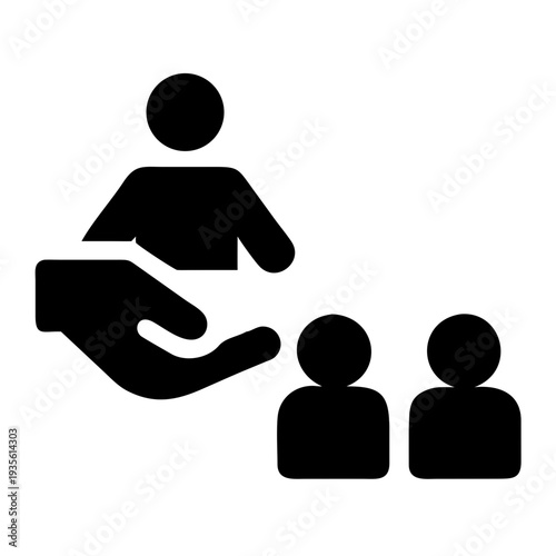 A hand supporting two small human figures symbolizing assistance or protection.