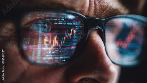 Close-up of eyes wearing glasses reflecting stock market data