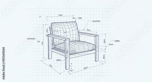 Architectural drawing of a modern armchair with dimensions.