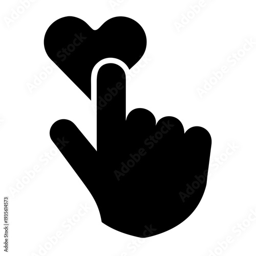A black hand icon giving a like with a heart shape on a white background