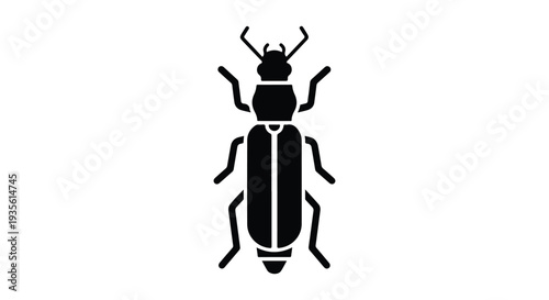 Black silhouette of a beetle against a white background.