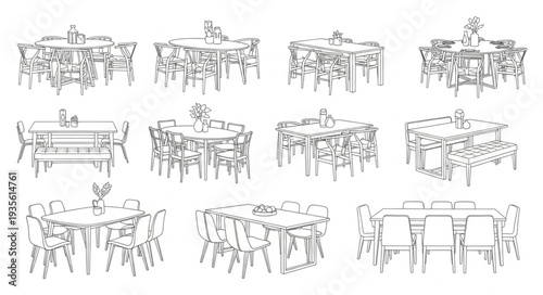 Collection of Hand Drawn Floral Decorated Tables and Chairs.