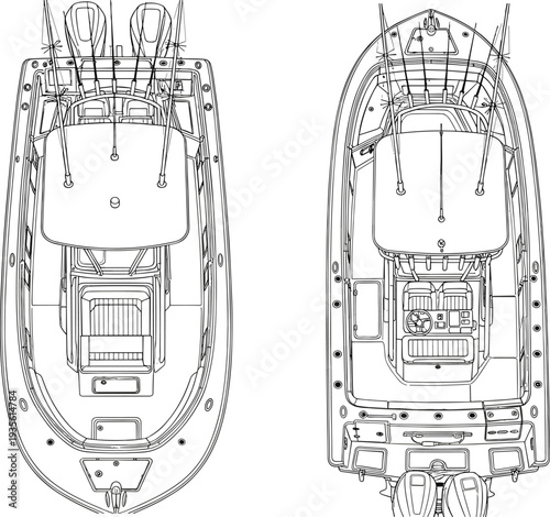 Top View Fishing Boat Blueprint Vector Illustration, Detailed Center Console Motorboat Line Art with Deck Layout, Twin Outboard Engines and Marine Equipment Design