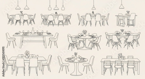 Collection of elegant dining table and chair illustrations.