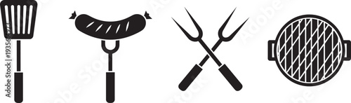 Barbecue Grill Tools Icon Set Spatula Sausage Fork BBQ Grill Vector Collection