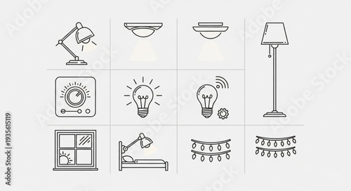 Collection of hand-drawn icons representing various lighting fixtures and controls.
