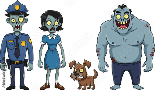 Cartoon zombies and zombie dog characters, police officer, female, muscular monster, humorous undead illustration for Halloween, comics, video games, and entertainment design concepts