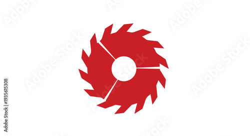 A red circular saw blade with jagged teeth on a plain white background.
