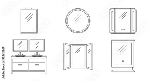 Collection of bathroom vanity mirrors and cabinets.