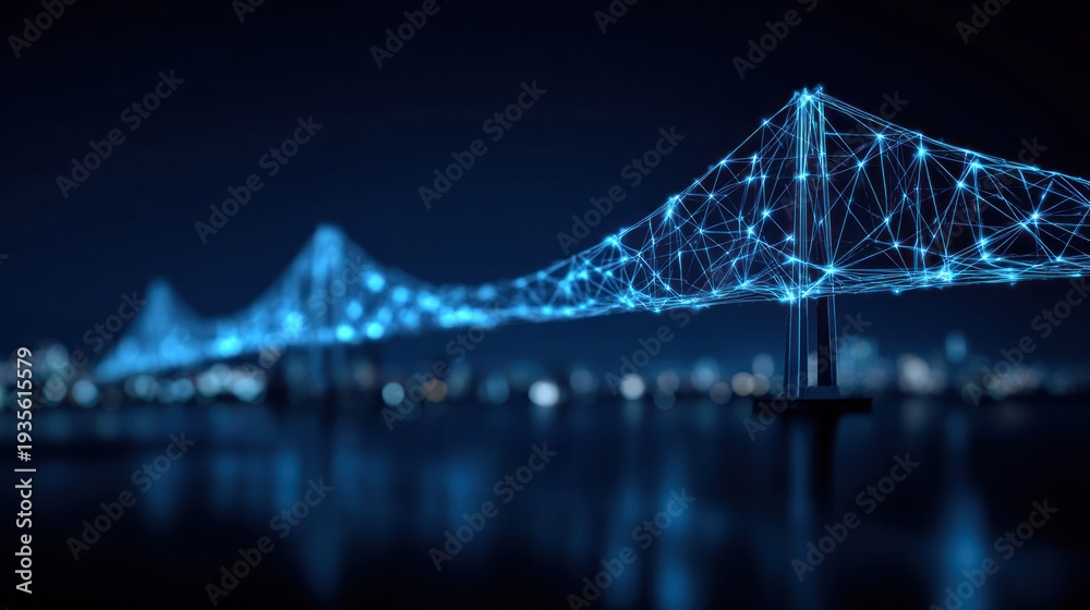 Fototapeta premium Illuminated digital network structure stretches across dark water above a blurred cityscape reflection