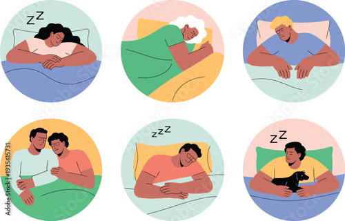Sleep illustration set featuring people and pets in various resting positions