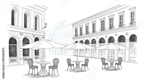 Outdoor cafe seating area with tables chairs and umbrellas in a european style courtyard with historic buildings