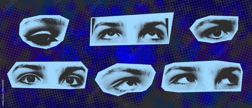 Εκτύπωση καμβά Eyes cut out collage vintage halftone, Abstract halftone banner with a pop art eye