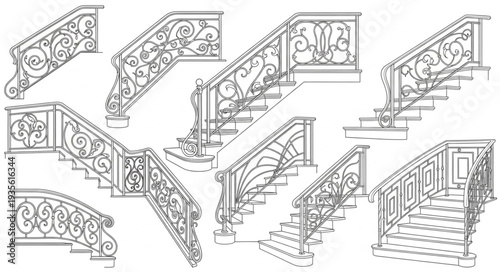 Collection of ornate wrought iron staircase designs and railings.