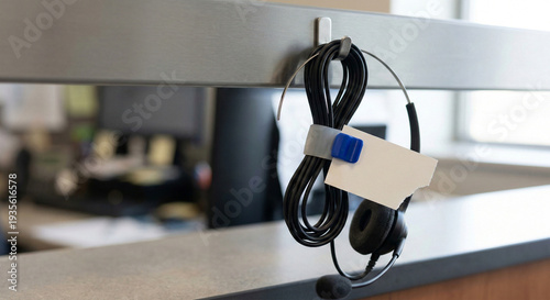 Coiled headset cord hanging on office service desk hook