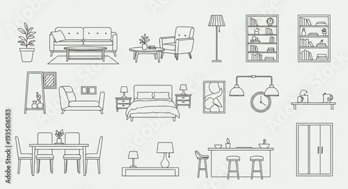 Architectural Drawings of Interior Design Elements and Furniture.