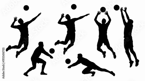 Volleyball Player Vector Silhouette Jump Serve Spike Action Pose with Ball Dynamic Sports Illustration Athletic Motion Graphic Icon Volleyball Vector Design for Team Competition