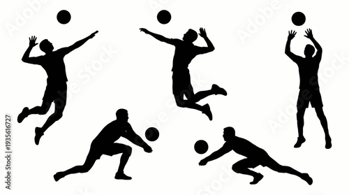 Volleyball Player Vector Silhouette Jump Serve Spike Action Pose with Ball Dynamic Sports Illustration Athletic Motion Graphic Icon Volleyball Vector Design for Team Competition