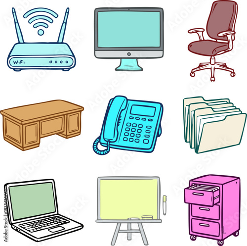 Colorful Office Work Objects Doodle Set – Hand Drawn Workspace Equipment Illustration Collection